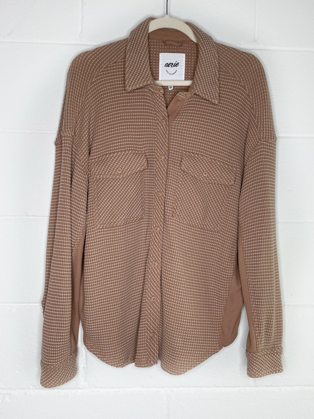 Aerie Waffle Knit Brown Lumberjack Oversized Shirt